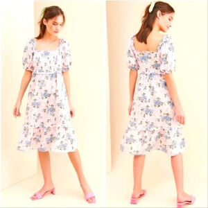 Gal Meets Glam Isabel Smocked Midi Dress Pink Blue Floral Print